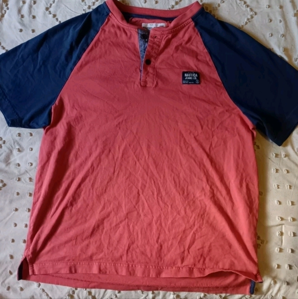 Size Large Nautica Henley 2 Button Shirt Orange - Picture 2 of 6